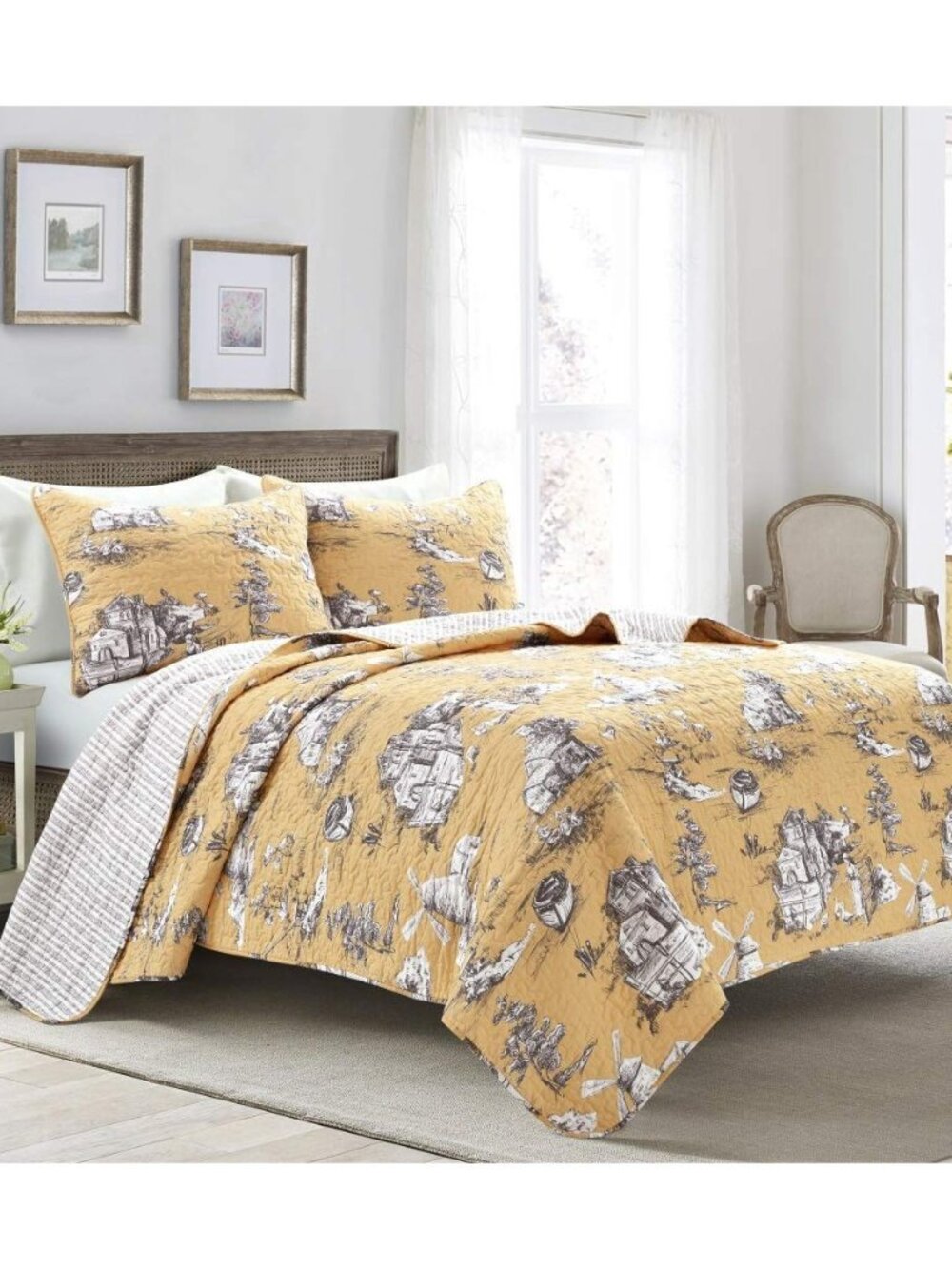 French Country Toile Reversible Cotton Quilt King Size 3 Piece Set Yellow & Gray